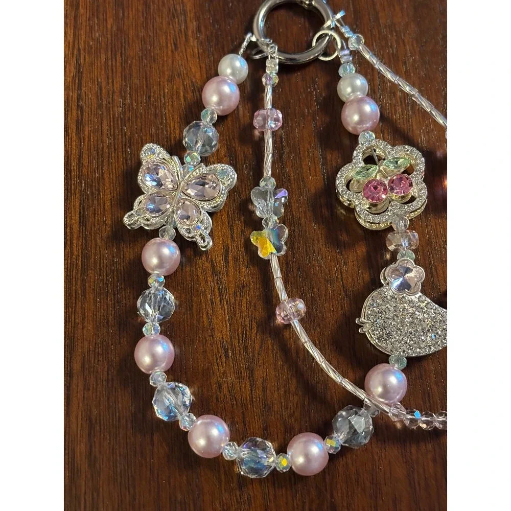 Pink Beaded Bag Charm Keychain Butterfly Whale Rhinestone Coquette Y2K Accessory
